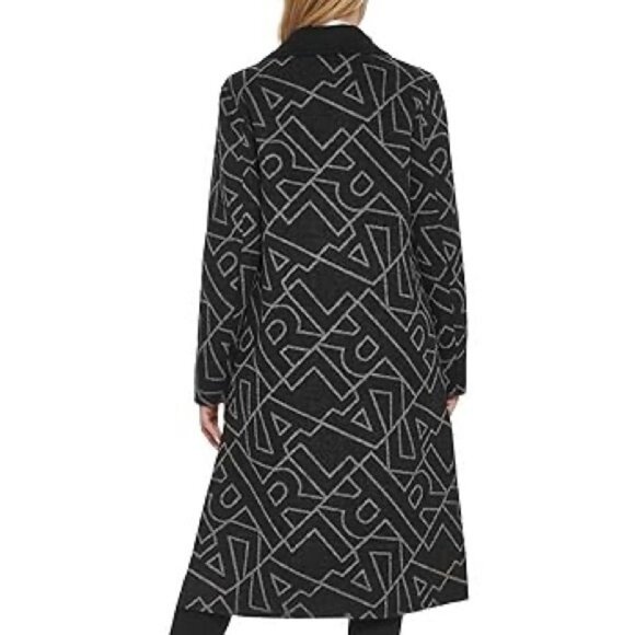 Karl Lagerfeld Paris Logo Print Collared Wool Blend Coat - Picture 3 of 15